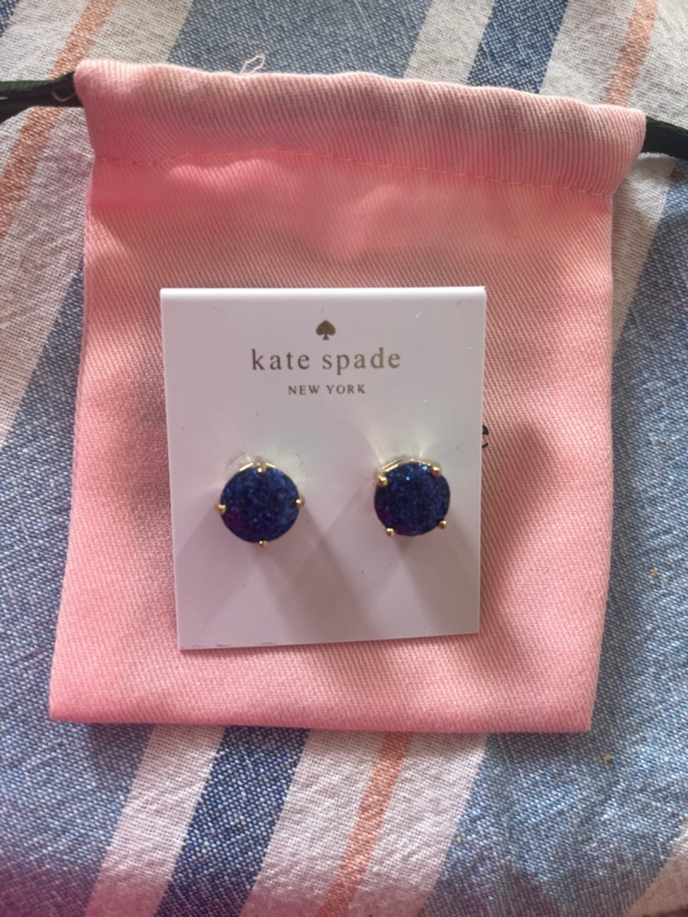 kate spade Blue Glitter Round Stud Earrings, new